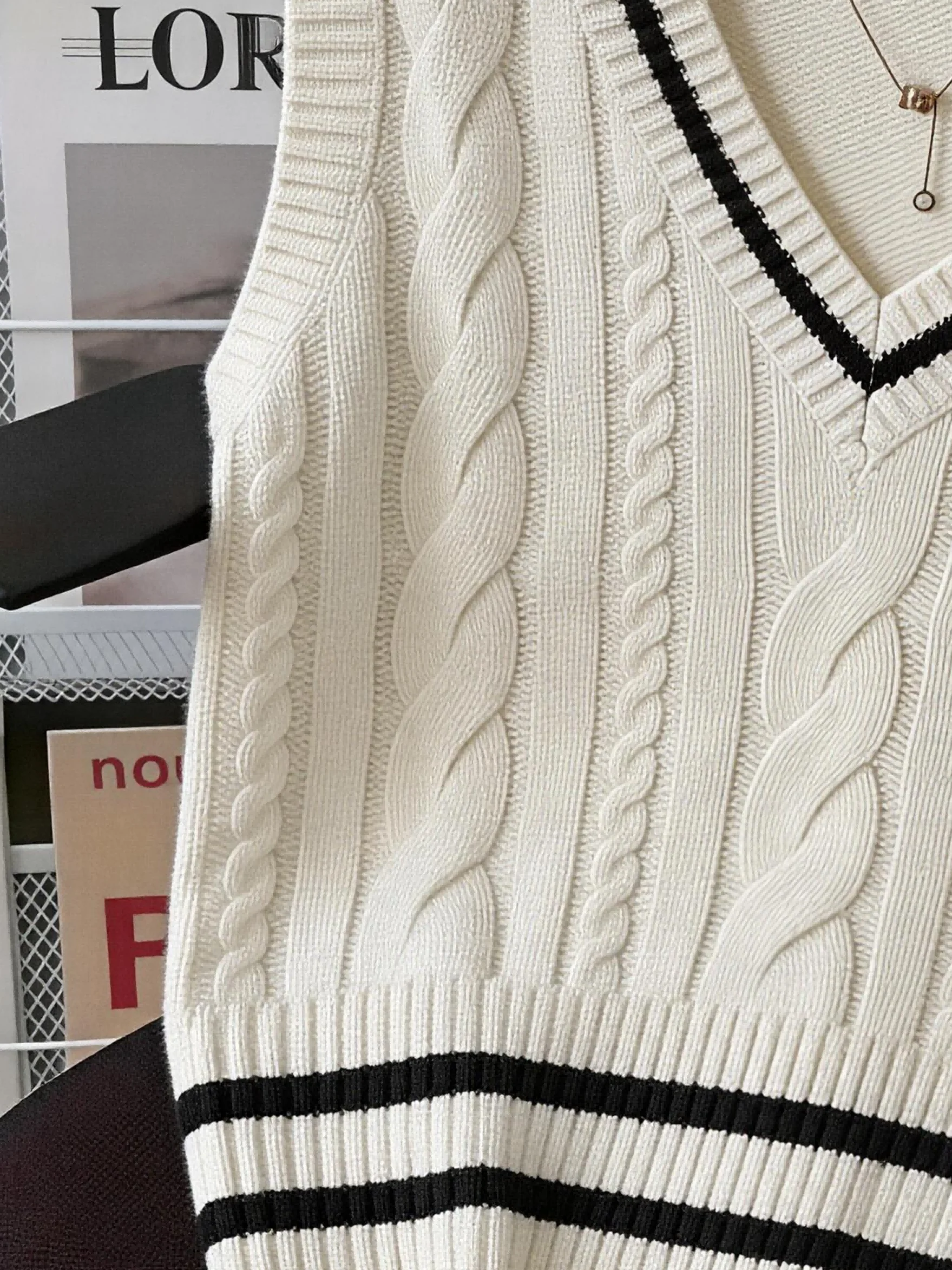 Plus Size Knitted Vest Women V Neck Striped Trim Cable Knit Sleeveless Sweater Preppy Style Loose Fit view 4