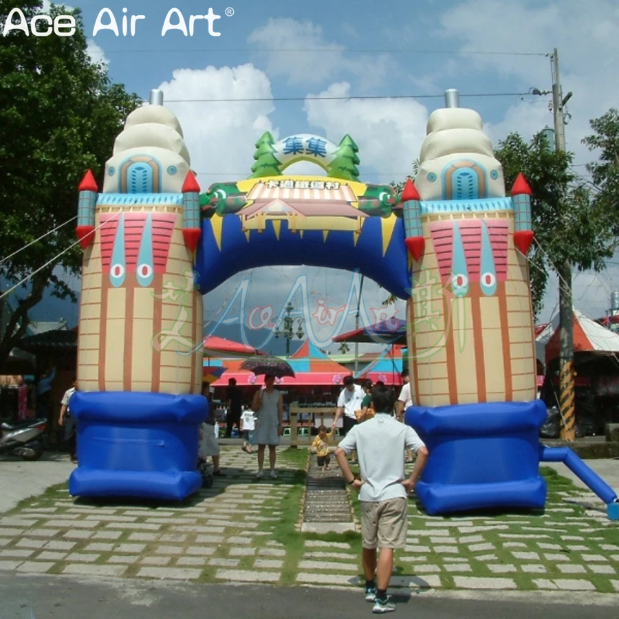 

Chichi Cartoon Downtown Archway Entrance Inflatable Arch with Cute Quirky Patterns and Little Rocket Mockup for Party Decoration