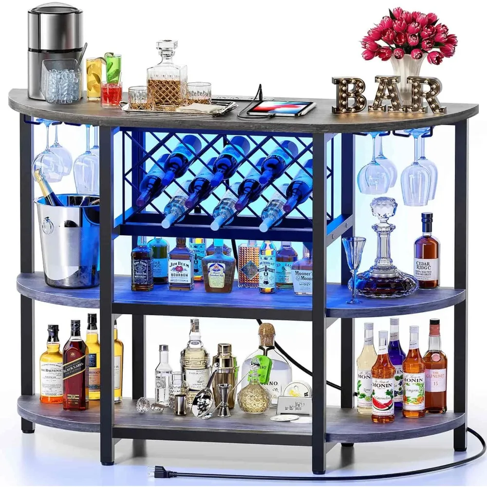 Bar table cabinet with power socket, LED home minibar cabinet, metal bar rack with 4 layers of storage, easy to assemble, grey