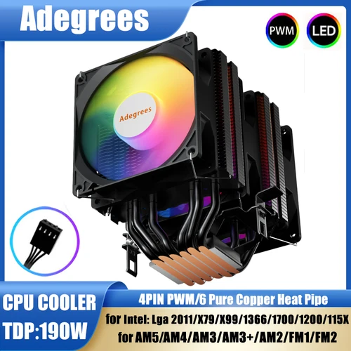 Imagen 1 del producto Enfriador de aire de CPU, 6 tubos de calor, 4 pines, torre procesadora de PC AM4, ventilador de CPU para Intel LGA 1700 1200 1150 1151 1155 2011 X99 X79 1366 AM3 AM5