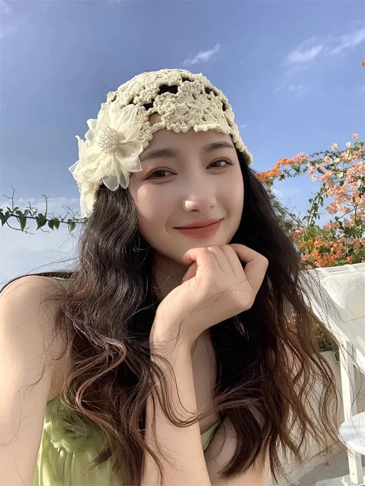 

Spring Summer New Sle Women's Embroidered Hollow out Hook Flower Hat Thin Headscarf Cap Korean Retro Sle No Brand