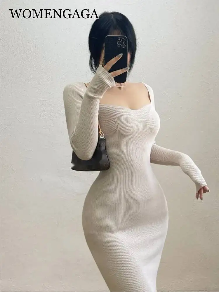 

WOMENGAGA Осенне-зимнее вязаное длинное платье с квадратным вырезом, элегантное облегающее платье-свитер с длинными рукавами и X-образным силуэтом 6BO8