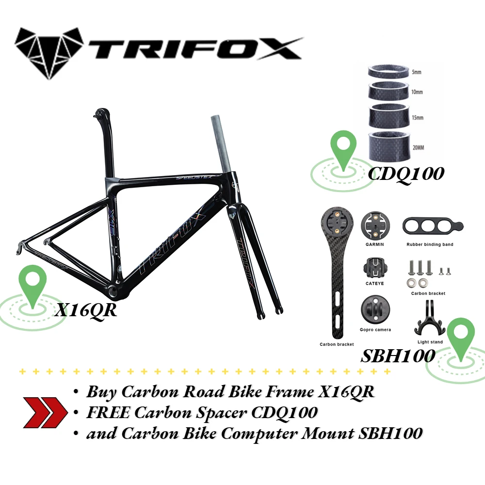 TRIFOX  Buy Carbon Road Bike Frame X16QR FREE Carbon Spacer CDQ100  and Carbon Bike Computer Mount SBH100