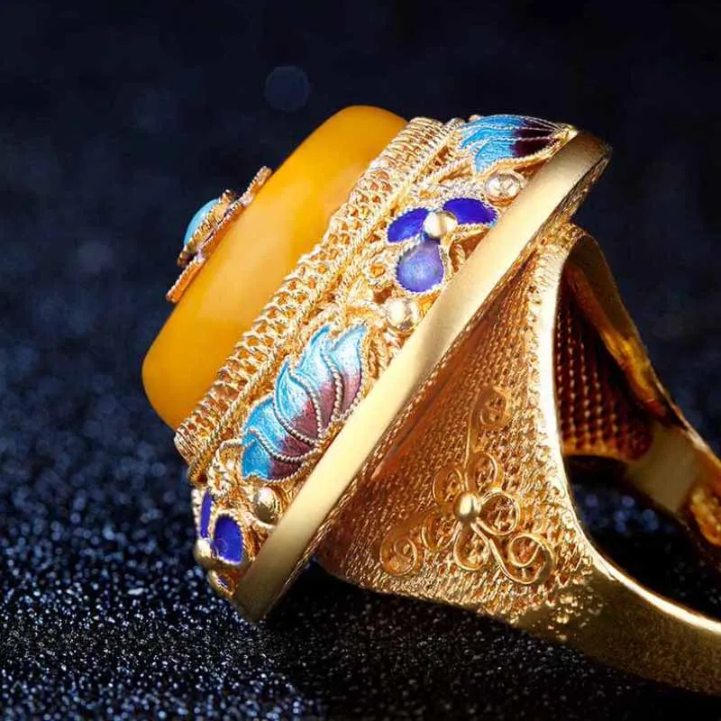 Ancient gold craftsmanship natural yellow chalcedony lotus enamel porcelain rings for women palace style luxury dinner jewelry