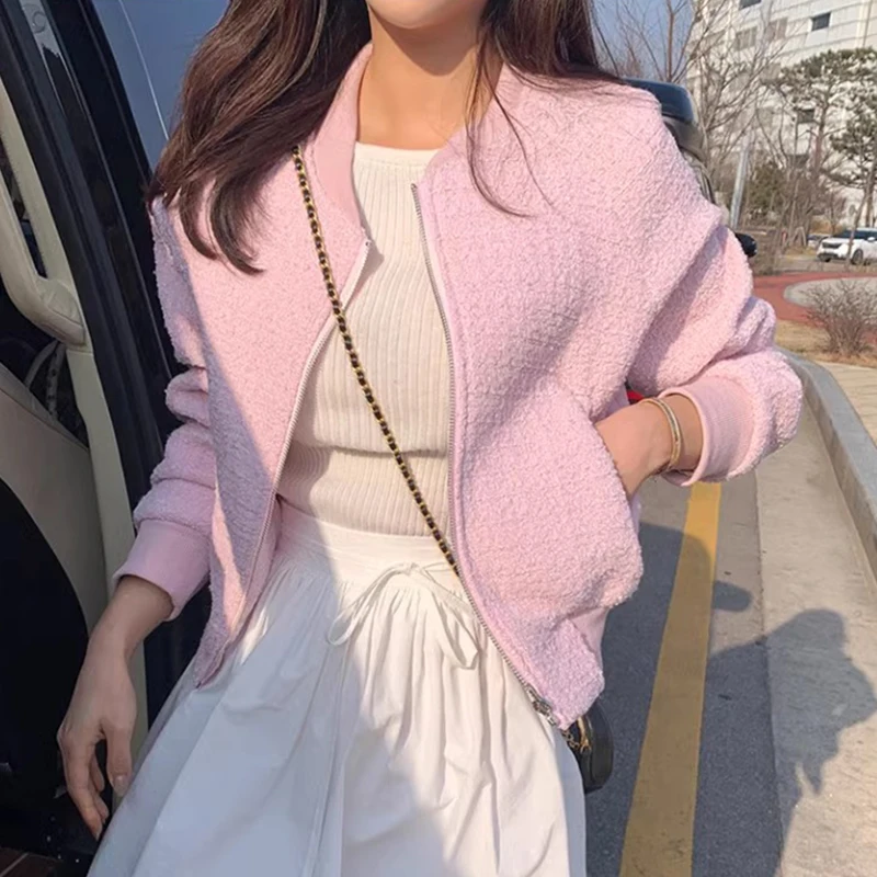 Sweet Chic Autumn Baseball Jacket Women's Loose Long Sleeve Cozy Outerwear Thickened Design Versatile Fashionable Commute Style
