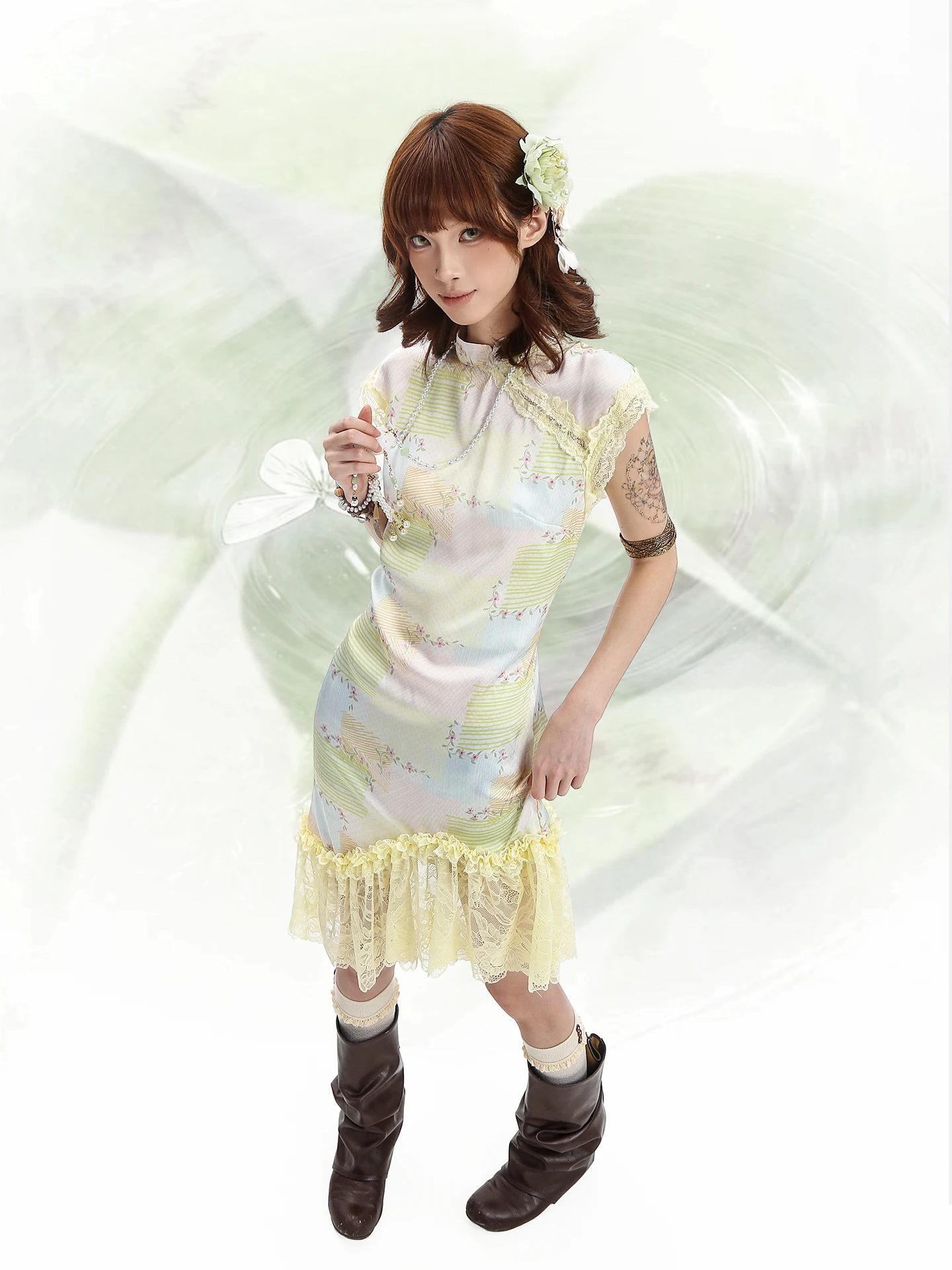 Yellow Floral Print Qipao Dress Women's New Chinese Style Reformed Bubble Pineapple Retro  Dress Summer Casual A-Lin...