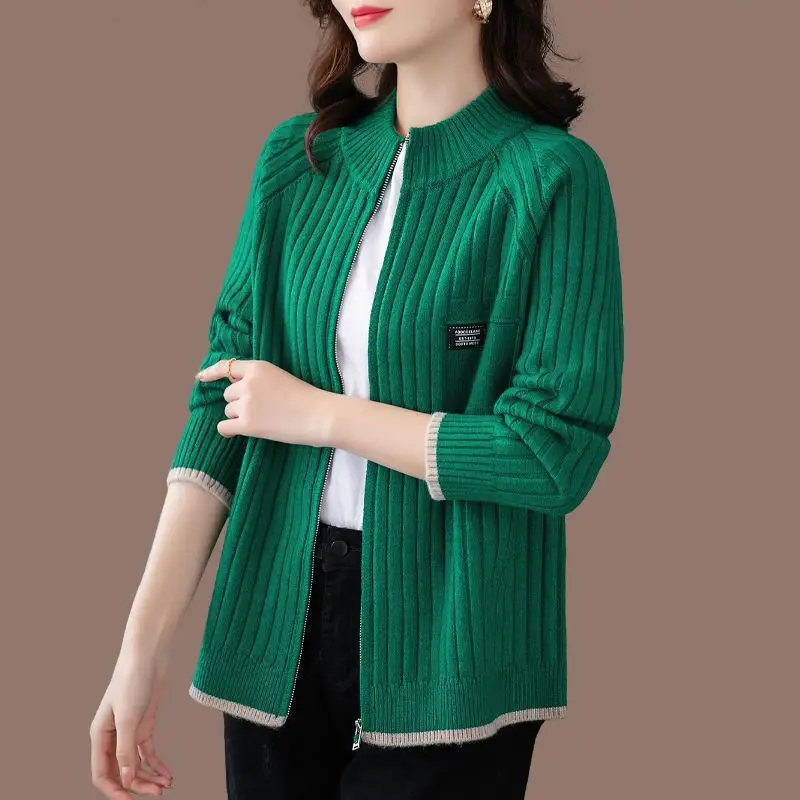 Solid color fashionable loose casual women's zipper threaded long sleeved sweater cardigan