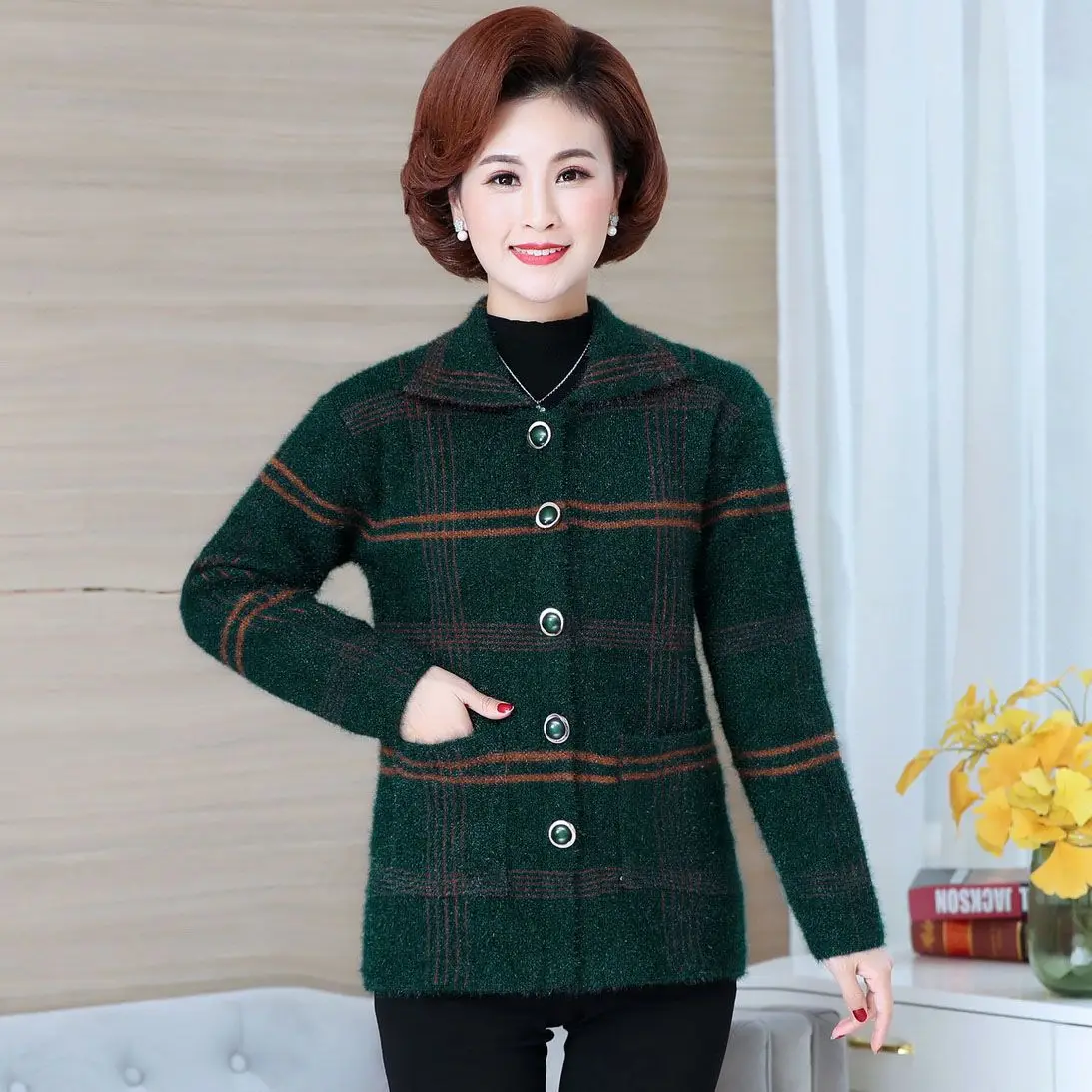 Middle Aged Elderly Women's Cardigan Sweater Spring Autumn Thicken Imitation Mink Velvet Knitted Jacket Mother Sweater Coat 4XL