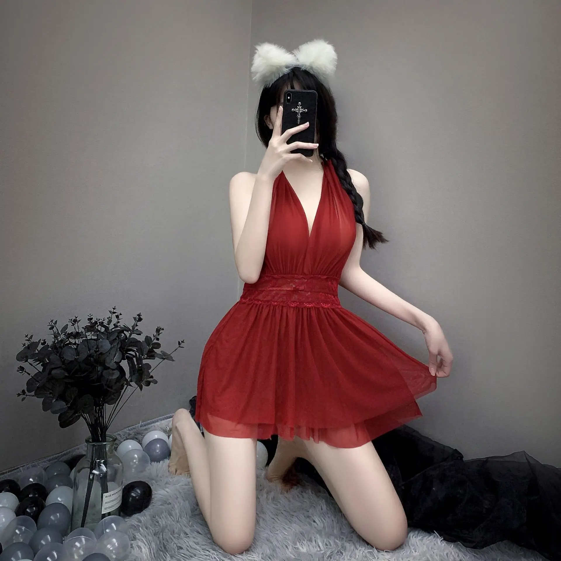 Ladies Sexy Pure Desire Pajamas Ladies Lace Pure Color Camisole Department Ms. V Necktie Morning Robe Outer Robe Homewear Set