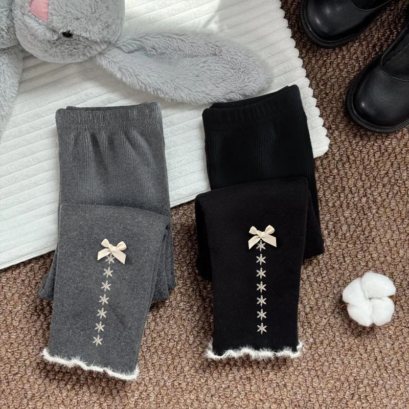 Women's Pants and Fleece Leggings, Little Girl Wearing Foreign Style Bow Versatile Children's Baby Integrated Fleece Warm Pants