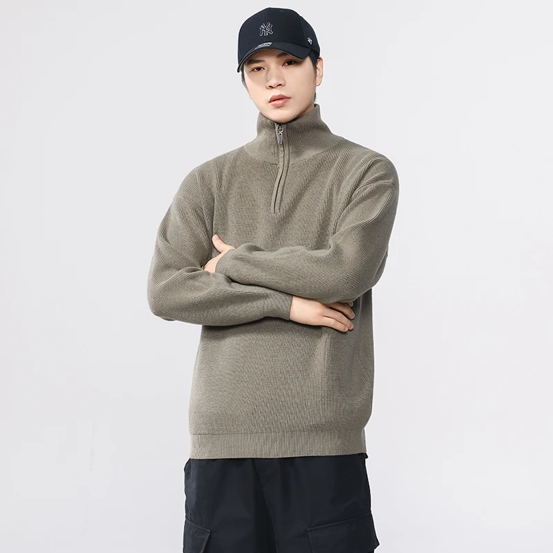 Otoño Invierno cuello alto Vintage suéter hombres cuello alto cremallera suelta Casual moda Jersey suéter de punto hombre Jumper Tops