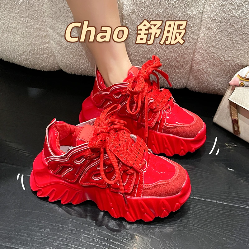 Lovely Red Chunky Sneakers Women 2022 Thick Sole Girls Sport Shoes Bright Green Fashion Casual Dad Shoes Female Footwear