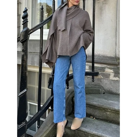 

Темно-коричневое вязаное пальто ort Cowl Ne Design Long Sve Commute Sle Pure Color, осеннее новое поступление, женская мода