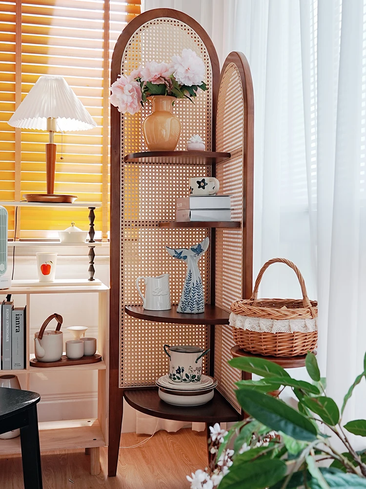 Retro solid wood three-corner cabinet, living room wall corner storage display, bedroom rattan storage, sofa bookshelf