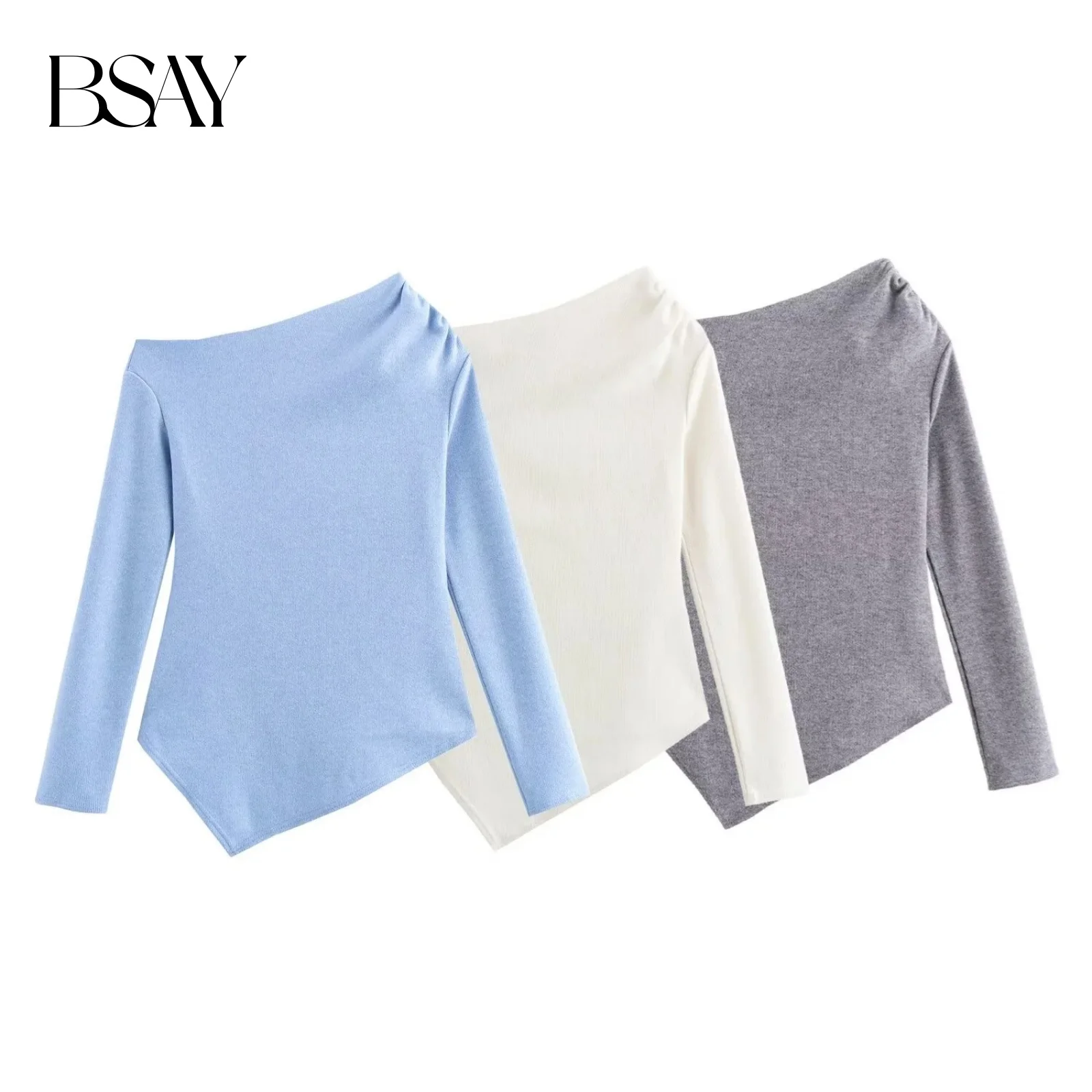 BSAY Sweater for Women Fashion Autumn Winter  Pullover Solid Color Long Sleeves Asymmetric Soft Tops Chic Female Knit Sweaters