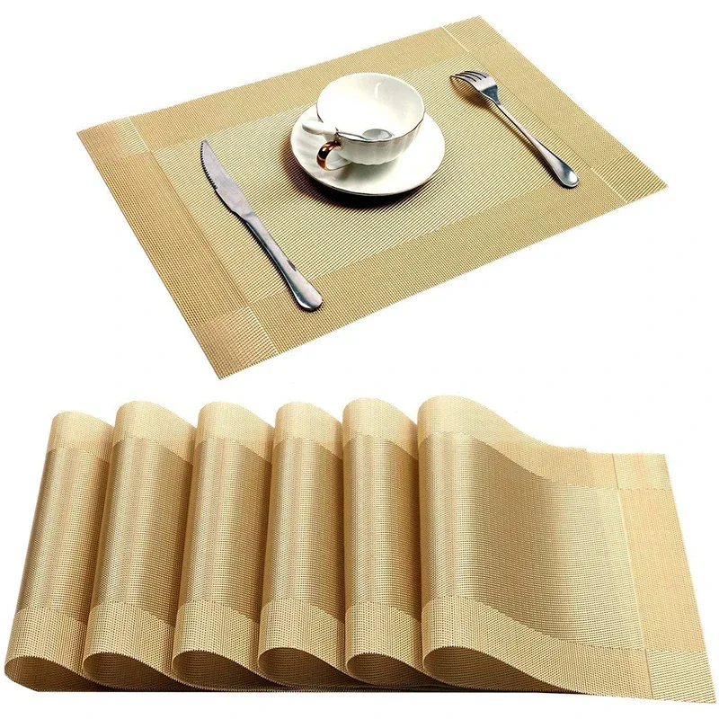 6/4 adet Altın Placemat Yıkanabilir PVC yemek masası Seti Örgü Paspaslar Çapraz Çerçeve Teslin Kumaş Disk Kase Coaster kaymaz Ped