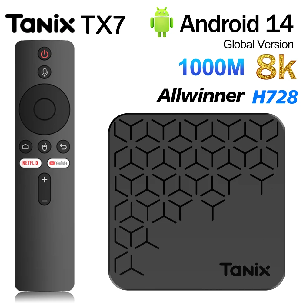 

ТВ-приставка Tanix TX7 на Android 14, Allwinner H728, 8K HD, Wi-Fi 6, 4G, 32/64 ГБ, медиаплеер, 2 ГБ ОЗУ, 16 ГБ ПЗУ, HDR10+