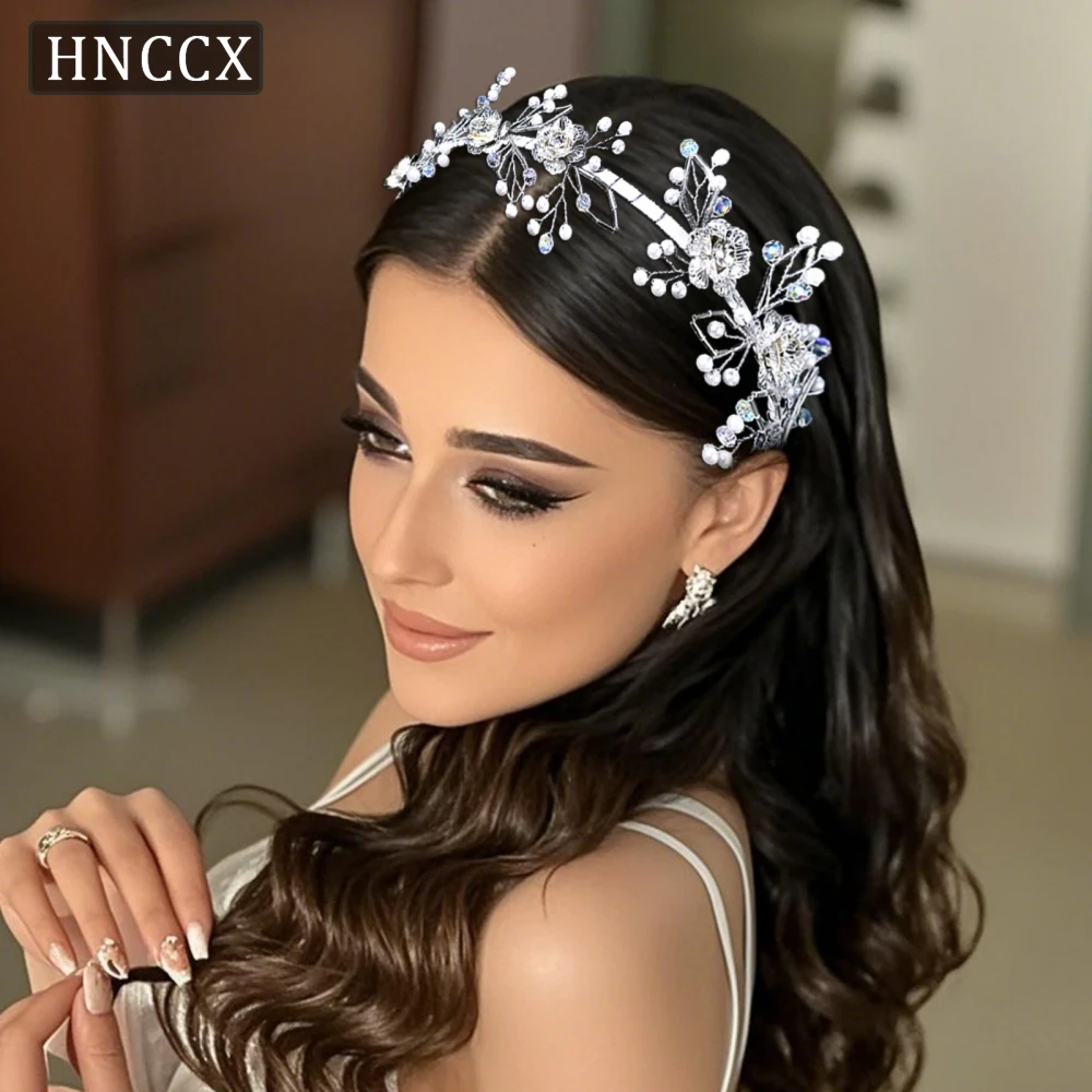 

HNCCX Silver Color Bride Flower Hair Hoop Pearl Crystal Headband Women Party Headpieces Banquet Prom Hair Accessories HP872