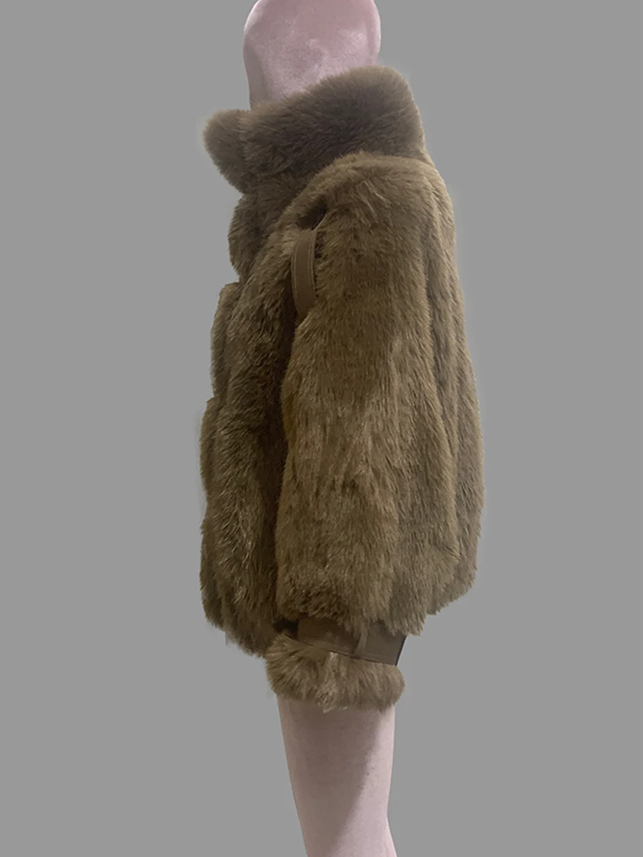 Nerazzurri Autumn Winter Thick Warm Shaggy Faux Fox Fur Coat Women Stand Collar Double Breasted Luxury Brown Fluffy Jacket 2026