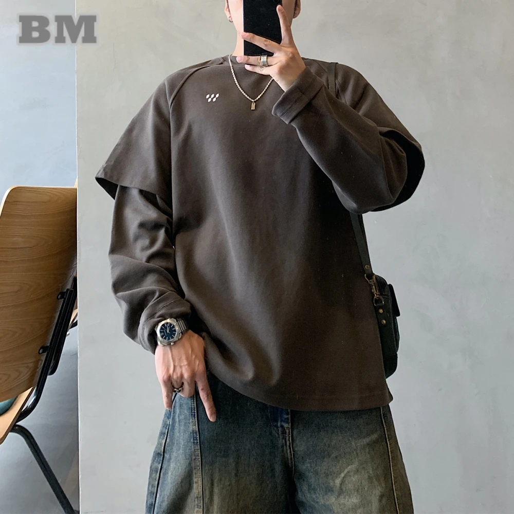 

Мужская корейская уличная одежда, искусственный свитшот из двух предметов, легкий оверсайз с круглым вырезом и длинными рукавами, спортивный модный пуловер, осенние топы