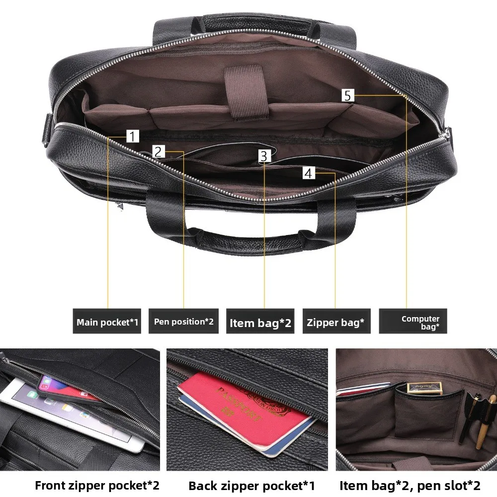 Men's Leather Business Document Cover Layer Cowhide Computer Bag with Large Capacity File Storage and Hand-held Bag