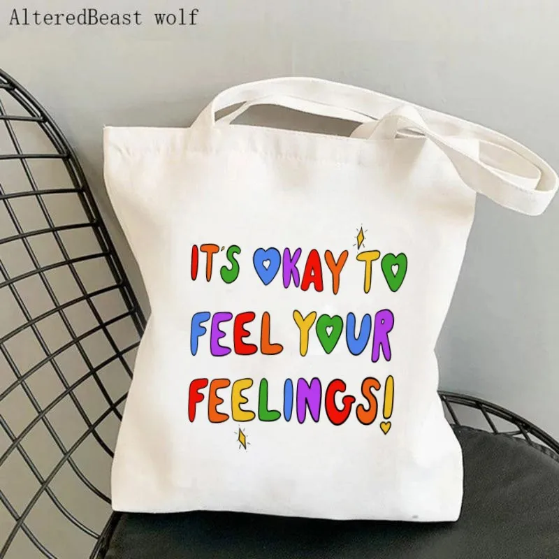 

Women Shopper bag It's Okay To Feel Your Feelings Cool Printed Bag Harajuku Shopping Canvas Shopper Bag girl Tote Shoulder Bag