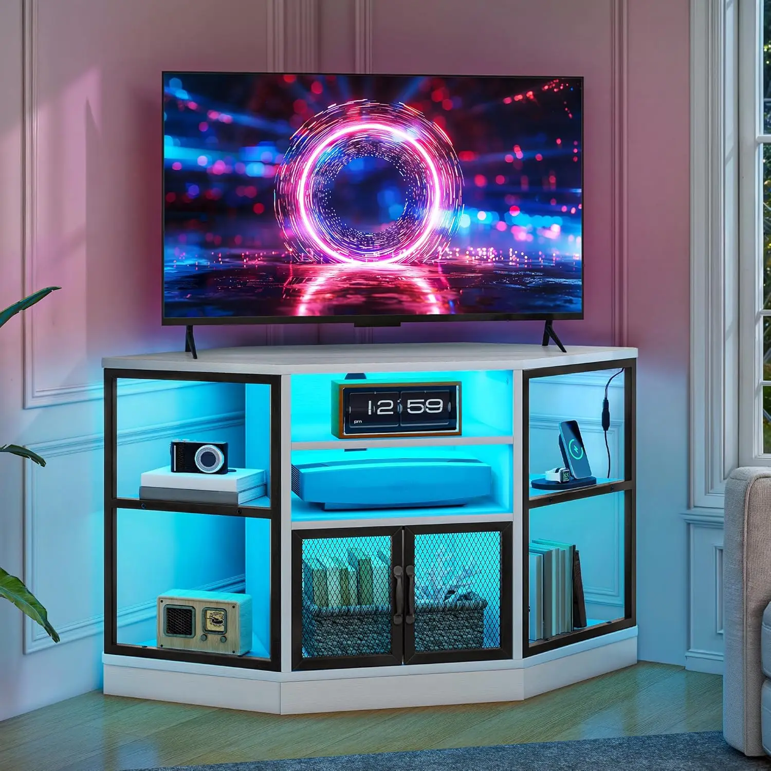

Corner TV Stand for Small Spaces, Corner Entertainment Center with LED Light and Power Outlet, Modern Media Console, TV Cabinet