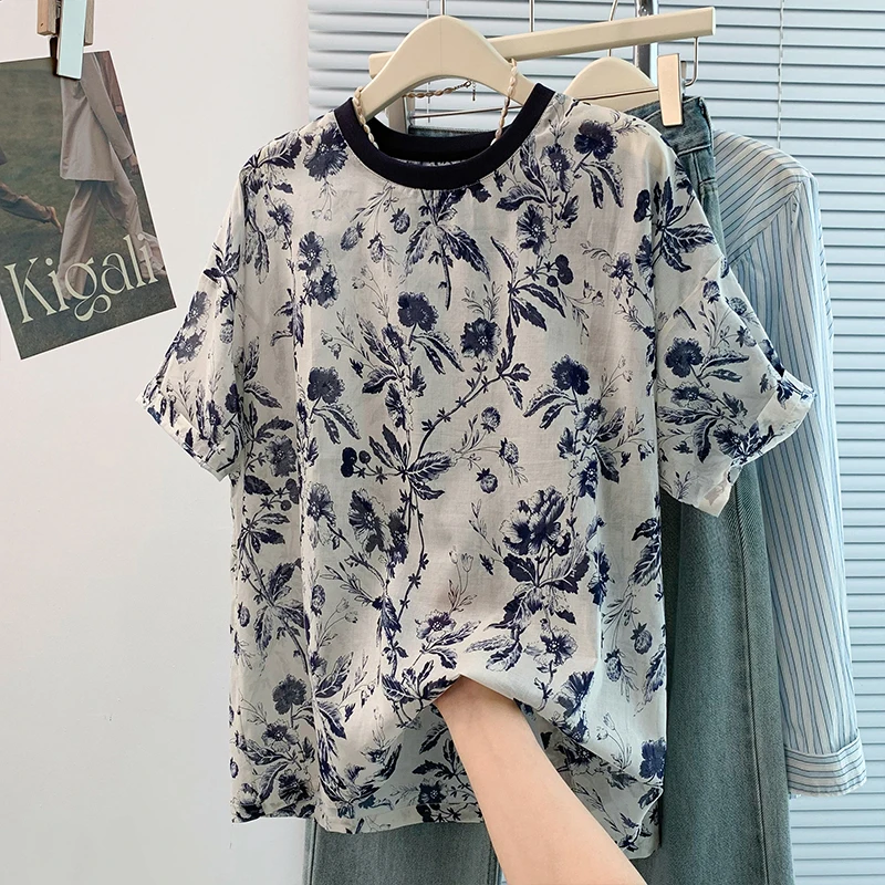 

Retro Print Loose Casual Cotton Short-sleeved T-shirt Women's Loose Thin Tops Tees Boho Beach Party