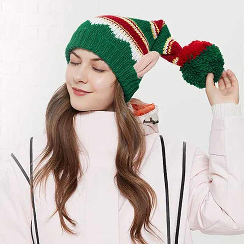 Mama and Me Matching Hat Christmas Knit Hats Contrast Color Puff Ball Santa Cap for Cosplay Party Hairball Christmas Hat