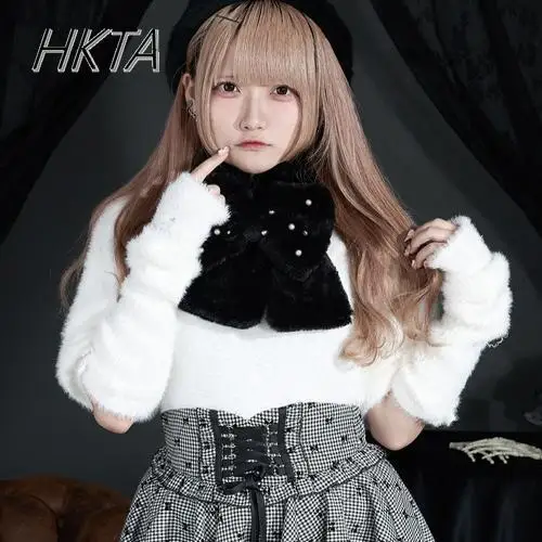 Милый шарф с бантом для женщин и девочек, японский оригинальный шарф с имитацией кроличьего меха, милый зимний теплый темно-теплый шарф для девочек