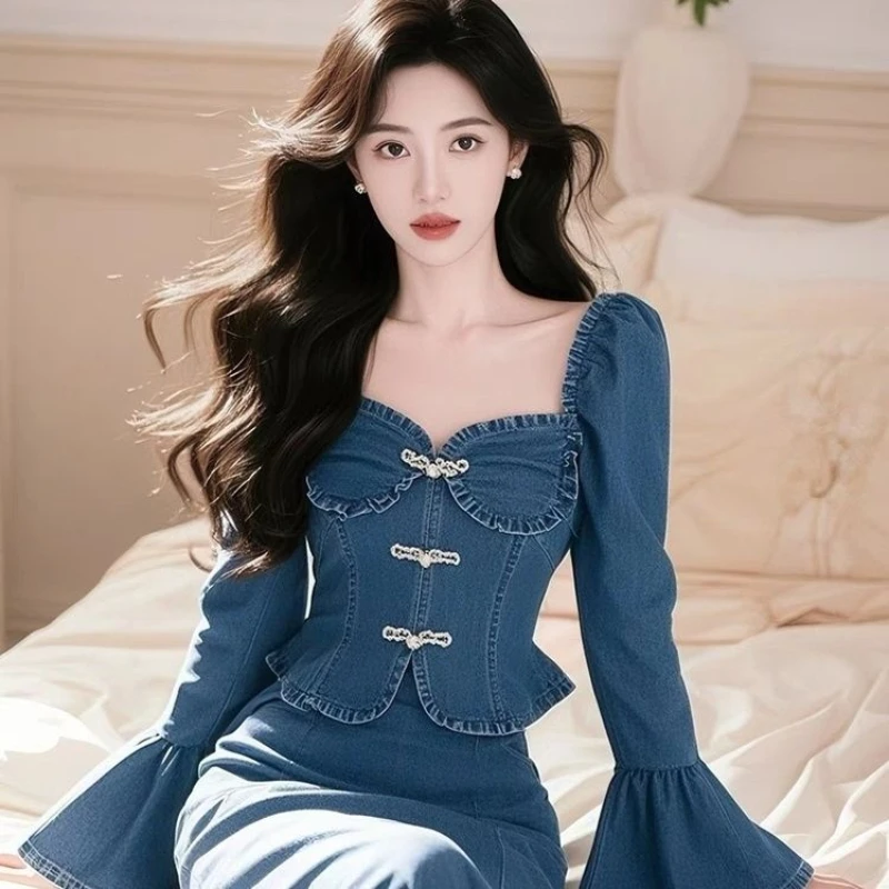 

2 Pieces Set , Chinese Spring Fall Women Designer Square Collar Ruffles Flare Full Sleeve Top T Shirt , Woman Denim Blue Skirt