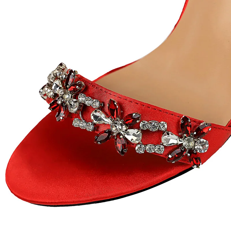 2023 New Luxury Women Open Toe Rhinestones Sandals Designer Female Sexy 11cm High Heels Sandals Party Shoes Summer Silk Sandals