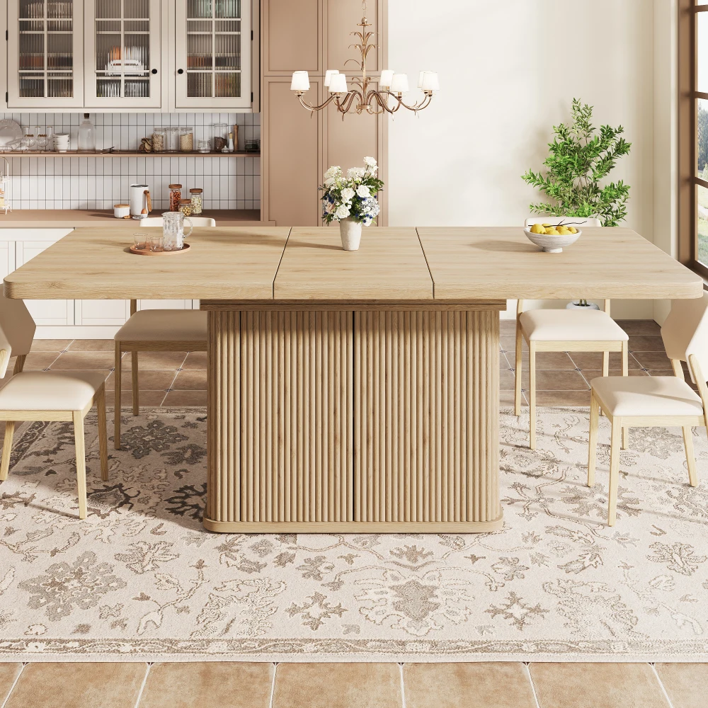 Tavolo da pranzo multifunzionale per la casa, con pratico spazio di archiviazione nascosto, piano estensibile a funzionamento fluido, design raffinato con elementi decorativi a rilievo verticale sui