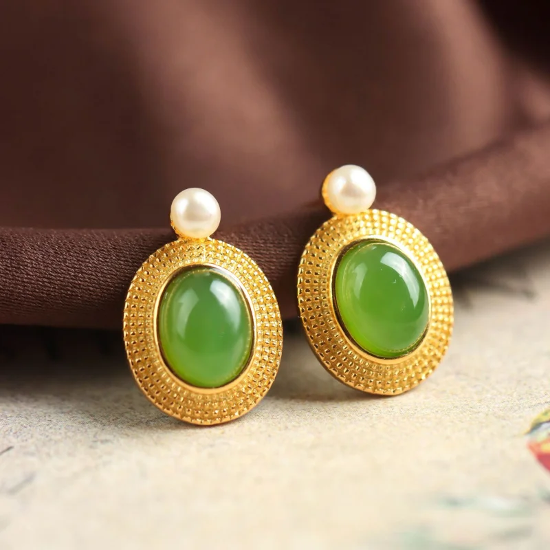 

S925 Sterling Silver Gold Plated Hetian Green Jade Surface Pearl Stud Earrings Women