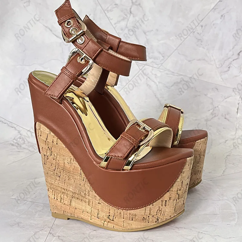 Rontic Handmade Women Gladiator Platform Slingback Sandals Wedges Heels Round Toe Gorgeous Gold Party Shoes US Plus Size 4-15