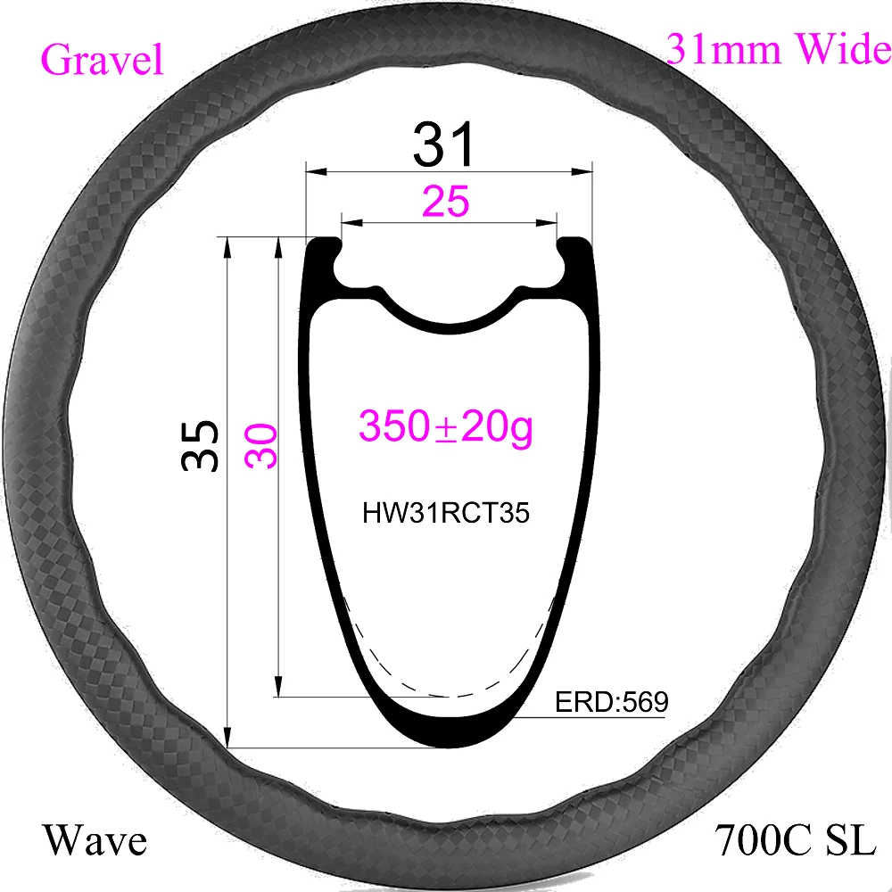 

350g Wave Rim T1000 Super light 700C Gravel Bike Rim Disc Brake 31mm Wide 35/40/45/50mm Depth 24holes Tubeless Wave Carbon rim