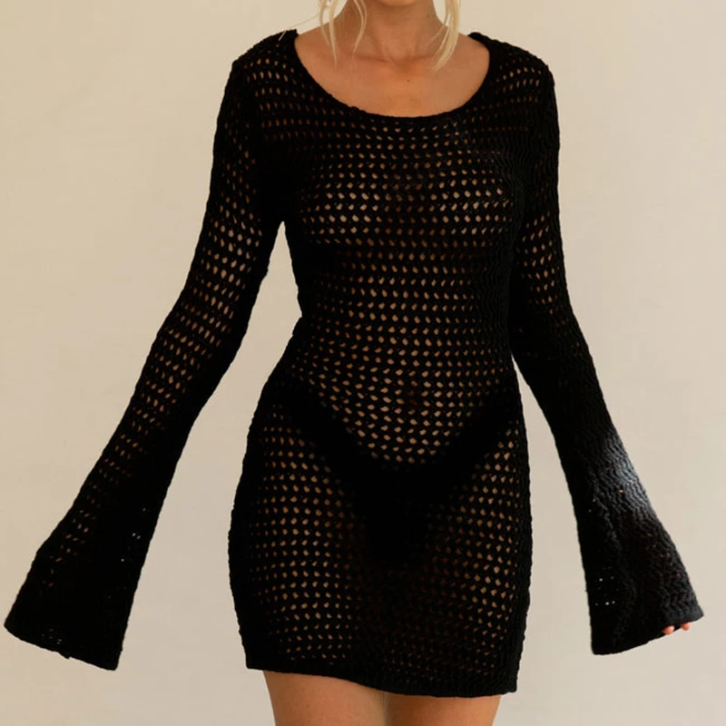 Sexy Backless Knitted Dress Women Crochet Hollow Out Mini Dresses Summer Beach Boho Long Sleeve See Throug Bikini Cover-up