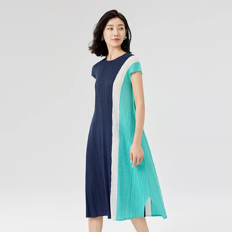 

Miyake Pleated Casual A-line Dress 2025 Summer New French Three-color Splicing Pleated Loose Temperament Irregular Split Dresses
