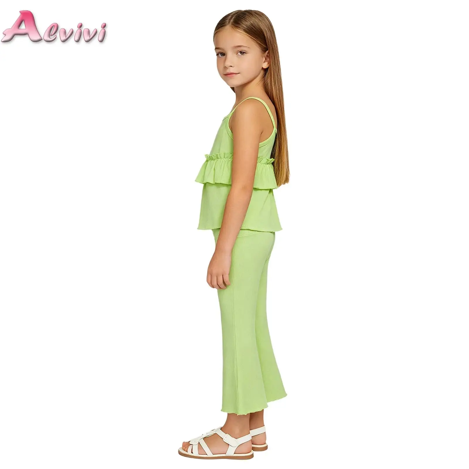 Kids Girls Ruffled Layered Clothes Set Spaghetti Straps Tops with Flared Wide Leg Pants Two-piece Outfit Set Party Daily Wear