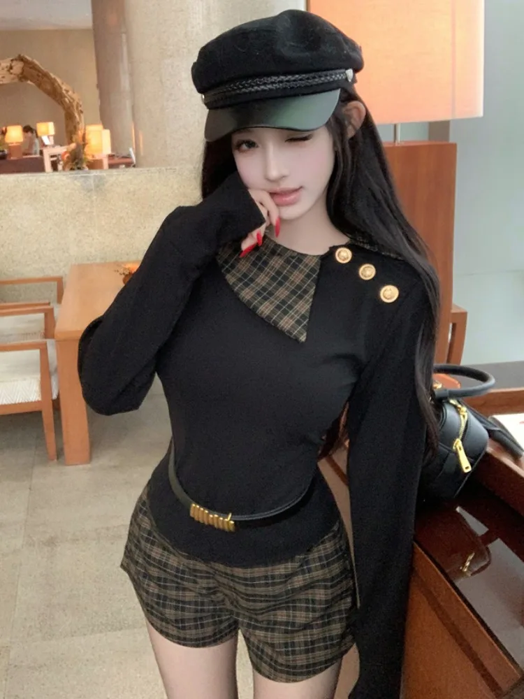 

Autumn Winter Plaid Patchwork Long Sleeve Knitted Top Casual Slimming Short Pants Set Korean Style Commute Fashion plus Size