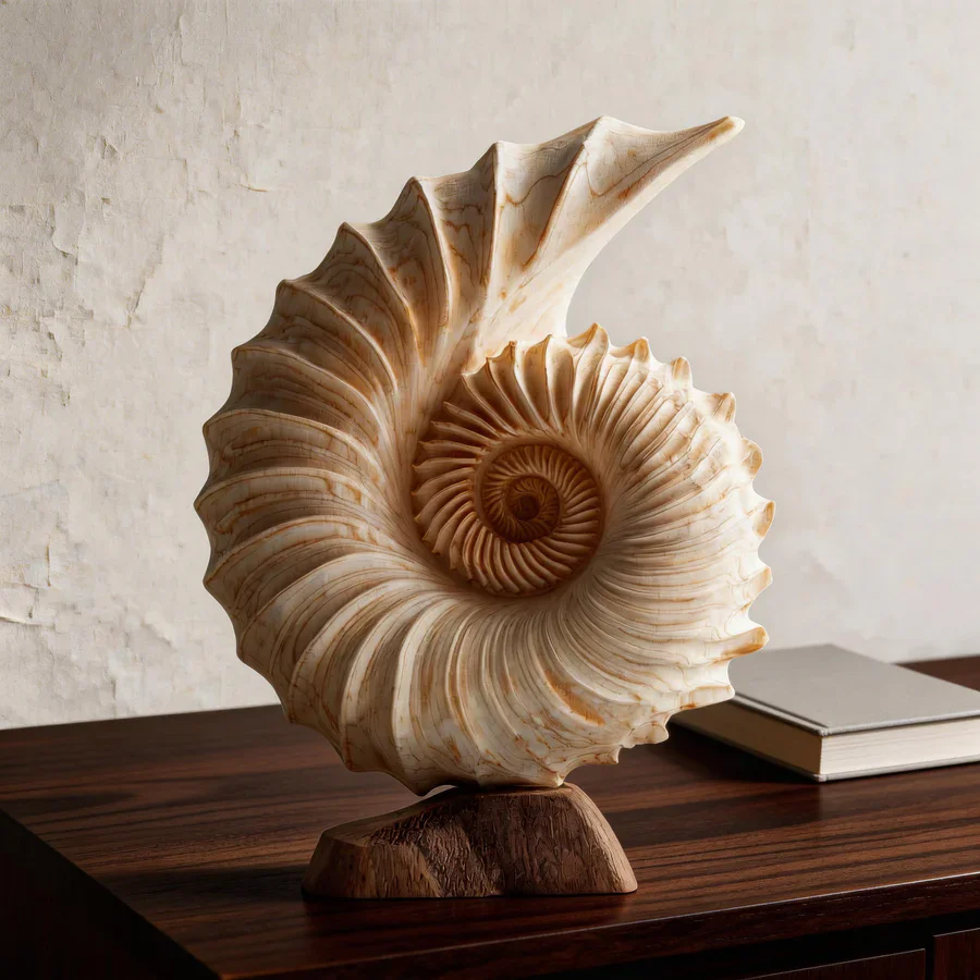 Light Natural Grain Spiral Conch Wood Carving Figurine Lifelike Seashell Wooden Sculpture Ocean Themed Decor
