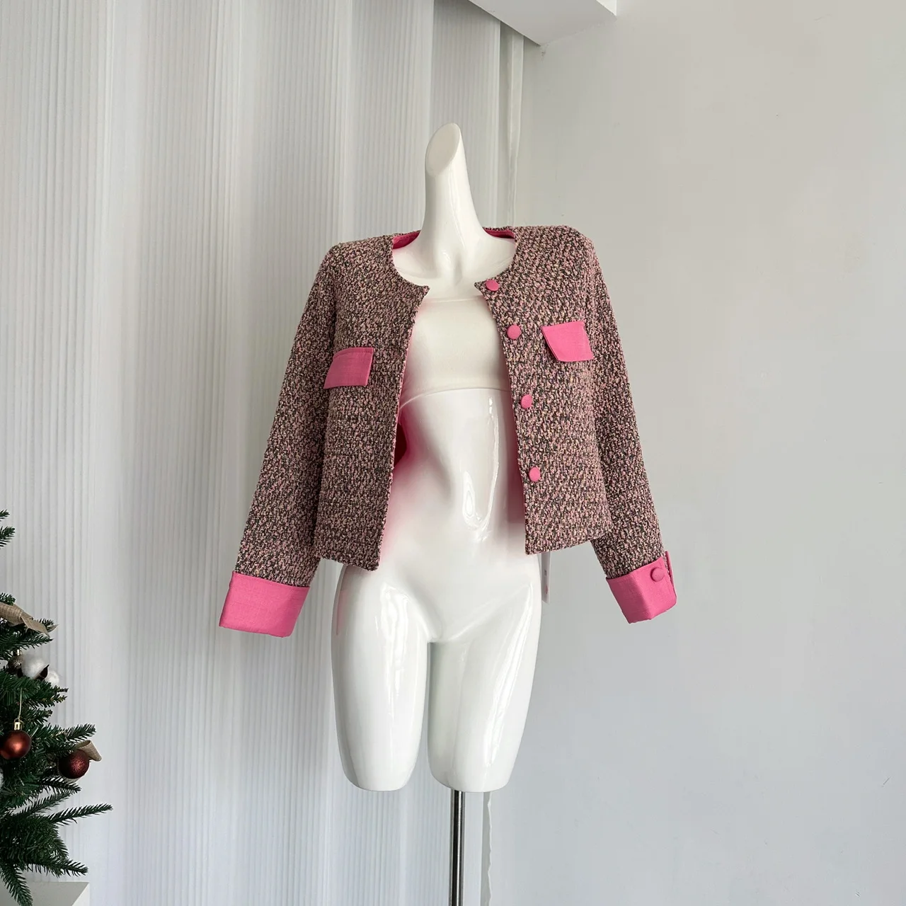 Autumn New Coarse Tweed Fragrant Pink Short Jacket Women's Sweet Lapel Coats