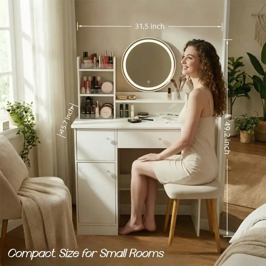 Compact Makeup Vanity Table Featuring a Mirror, an Ideal Gift for Women This Valentine'S Day And New Year, Modern Design with Drawers And Open Storage Suitable for a Bedroom