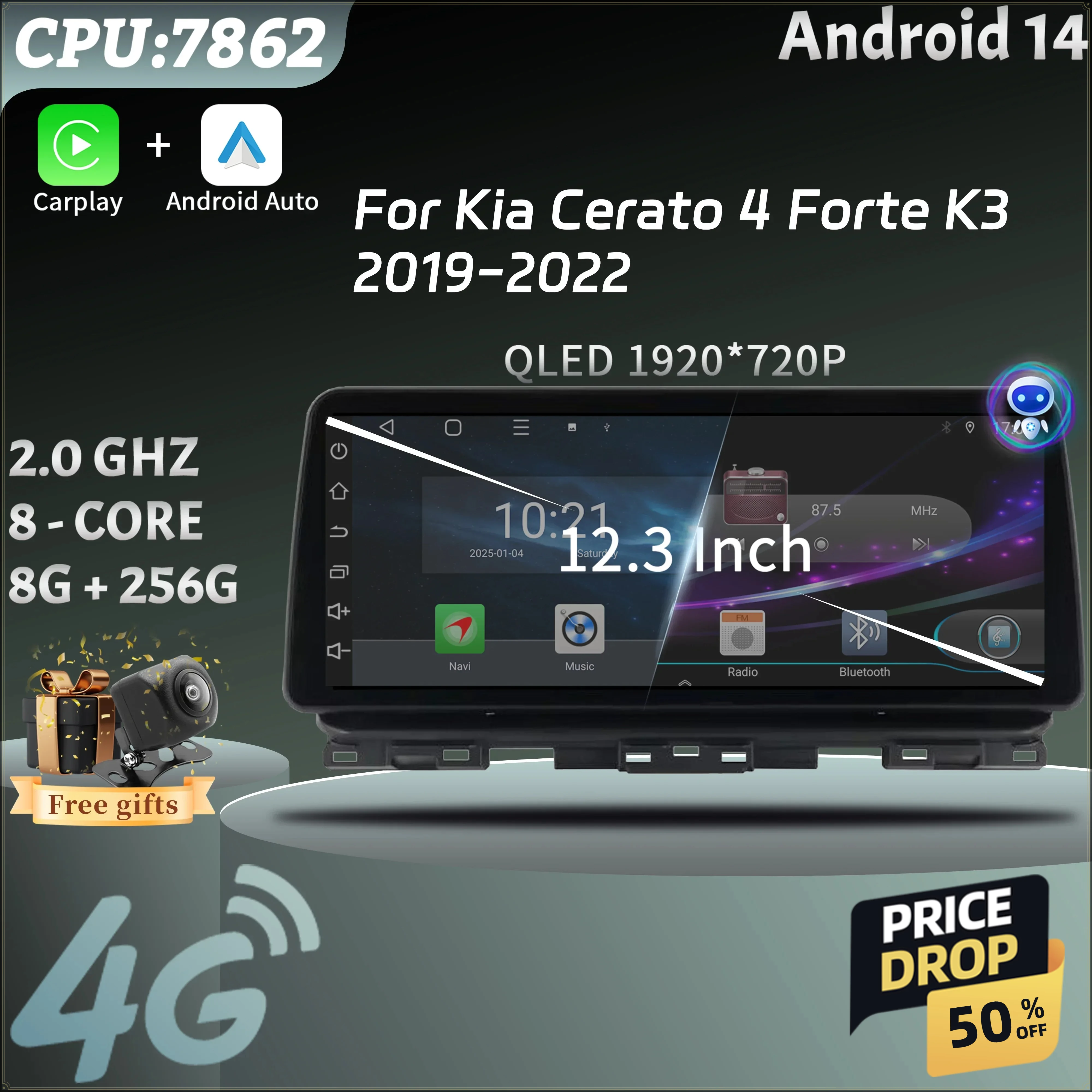 12.3inch Screen Android 14 Bluetooth Car Radio Stereo Intelligent System Carplay Multimedia For Kia Cerato 4 Forte K3 2019-2022