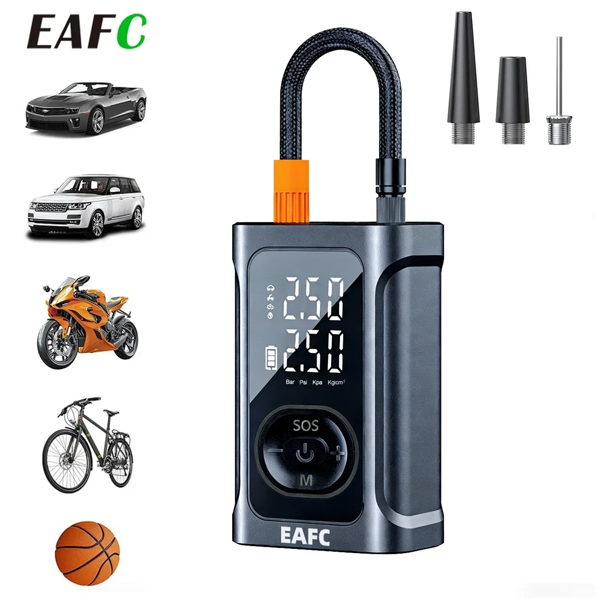 EAFC: pompa ad aria ricaricabile, gonfiatore per pneumatici di auto ad alta precisione, display LCD, pompa ad aria portatile per auto, moto, biciclette e palloni.
