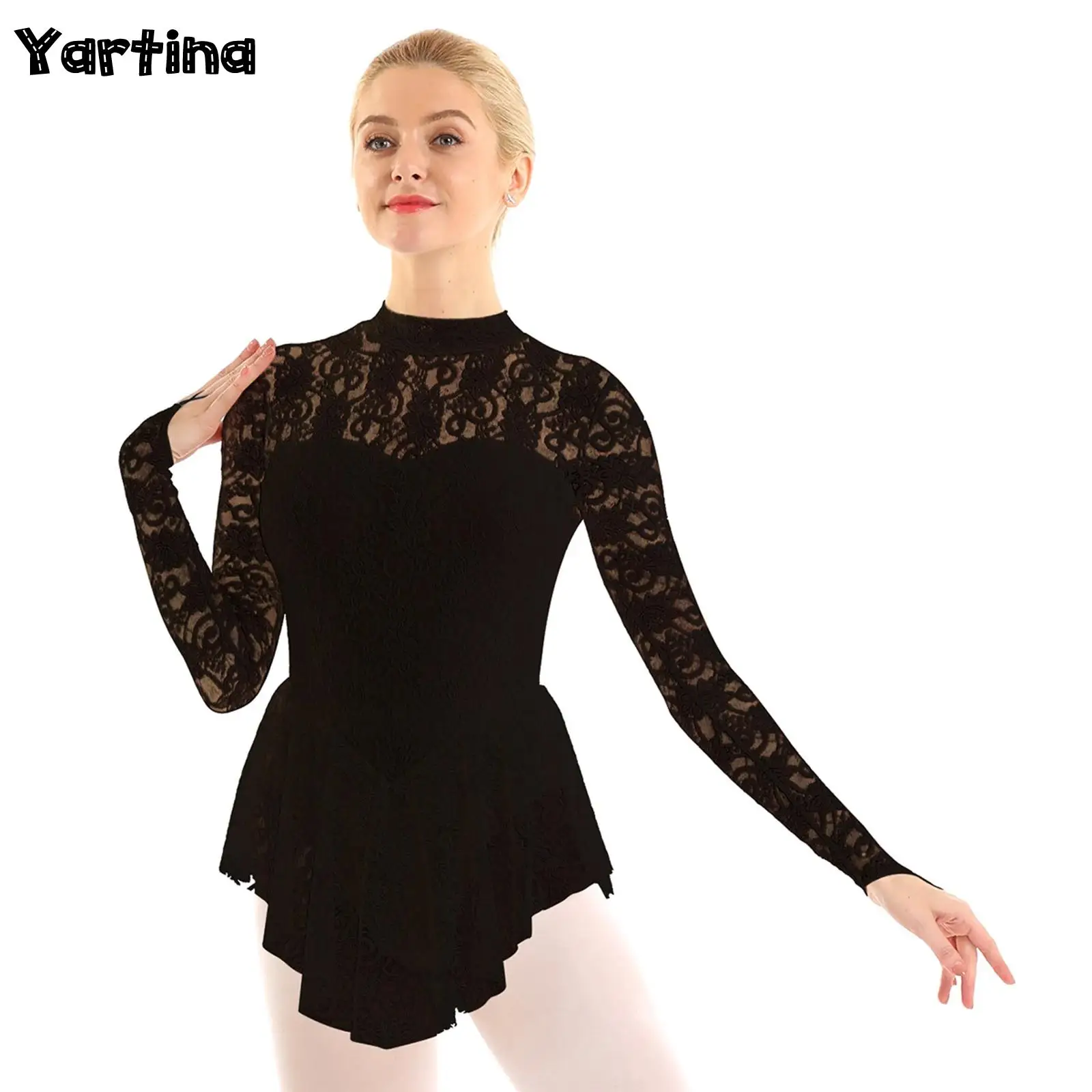 Womens Adult Gymnastics Ballet Dance Leotard Dress Dancewear Mock Neck Long Sleeve Lace Figure Ice Skating Roller Skating Dress