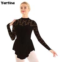Womens Adult Gymnastics Ballet Jersey Dance Leotard Dress Dancewear Long Sleeve Lace Figure Ice Skating Roller Skating Dress