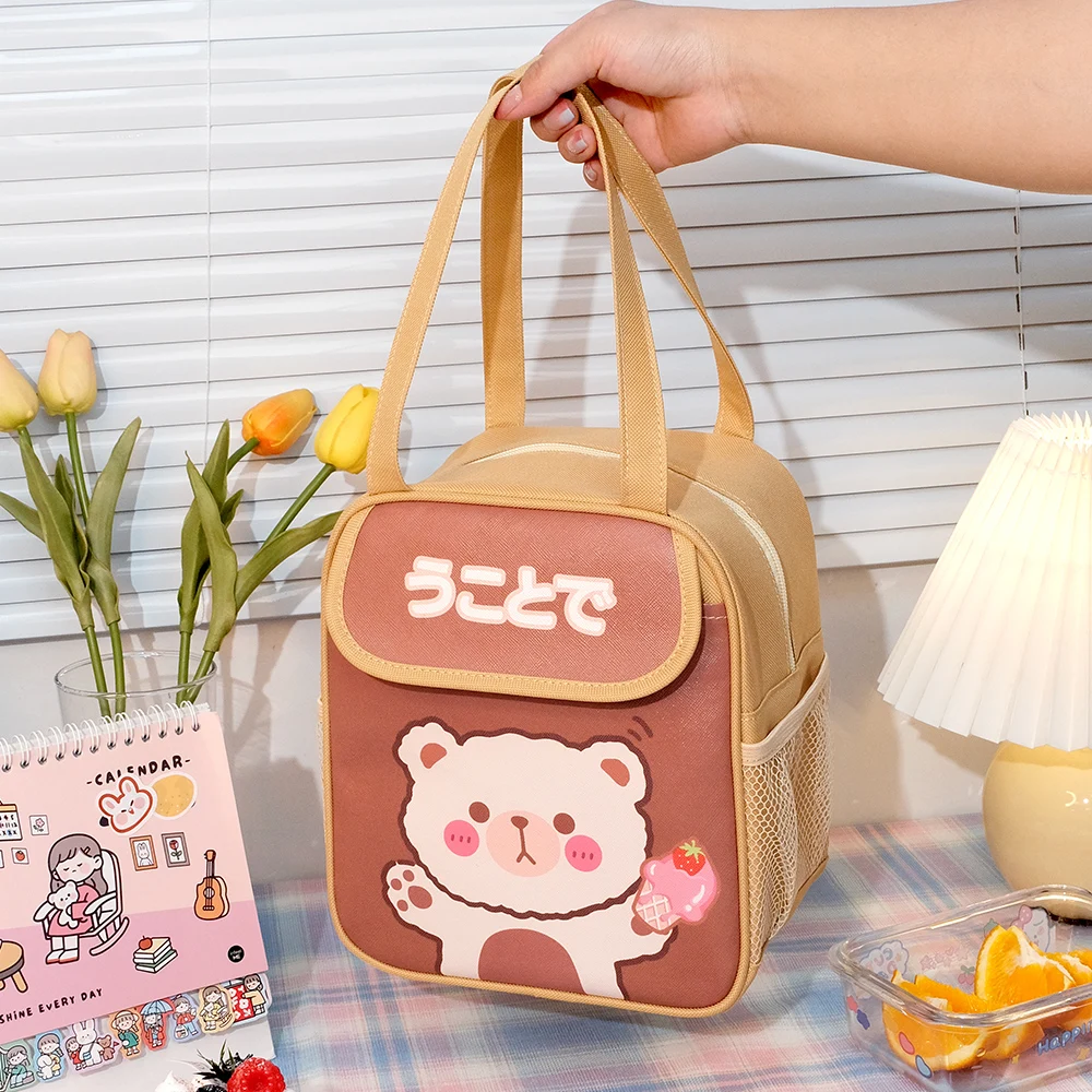 Insulated Lunch Bag for Kids with Water Bottle Pocket Cute School Student Lunchbox Bag Girls Boys Portable Food Storage Bag Tote