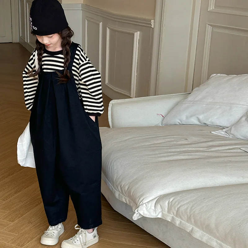

Korean School Girls Sets Autumn Striped Round Neck T-shirt+Solid Loose Pant Kids Girls 2pcs Outfit Children Girls Casual Suits
