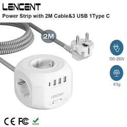 LENCENT EU Plug Power Strip with 4 AC Outlets 3 USB Port 1 Type C 2M/3M Braided Cable Multi Socket with Switch for Home